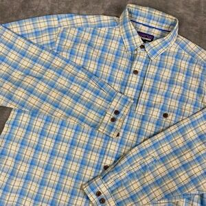 Patagonia Mens Button Down Shirt Large Blue Plaid Long Sleeve Fish Logo Pocket